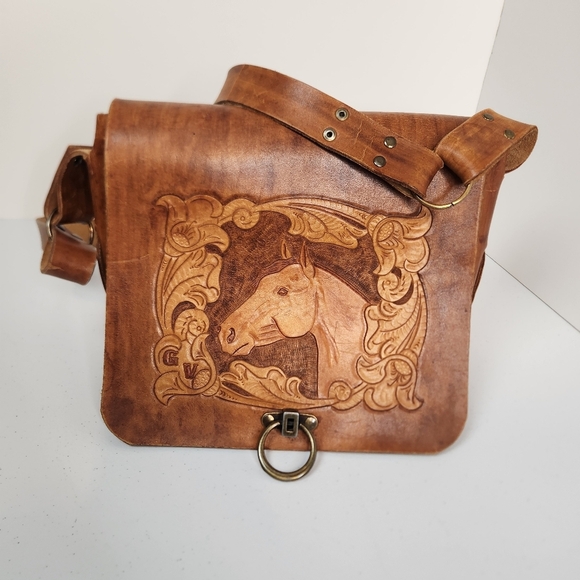 Vintage 1960s Mexican Tooled Leather Horse Lily Floral Crossbody Handbag Purse - Picture 12 of 12
